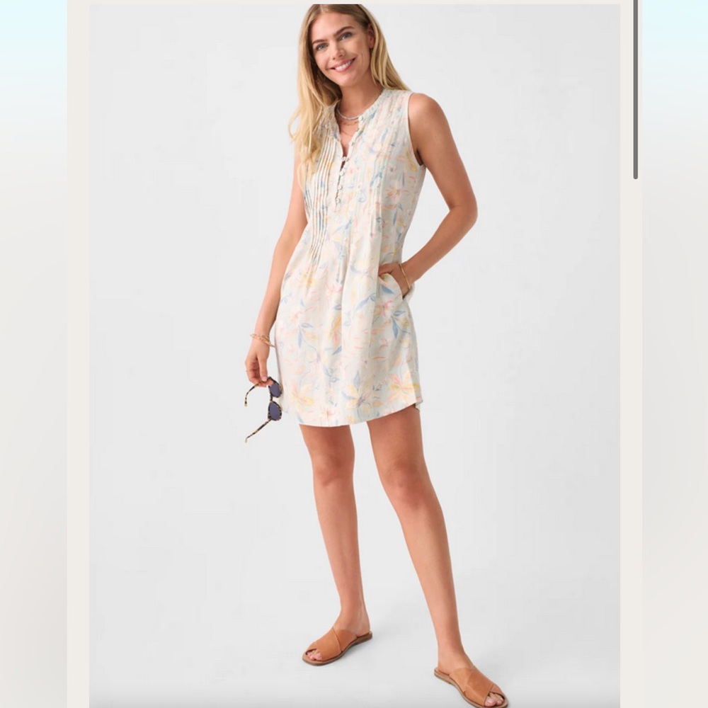 Faherty Isha Mini Dress Sky Coastal Floral Hemp Tencel Blend Pockets